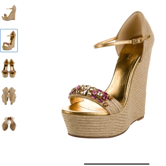 GUCCI Jute Floral Print Espadrilles Embellished Wedges High Heel 6 inch - Picture 1 of 1